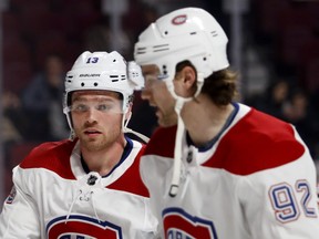 Montreal Canadiens left wing Max Domi, left, and centre Jonathan Drouin skate in warm-ups prior to the game against the Carolina Hurricanes in Montreal on Thursday December 13, 2018.