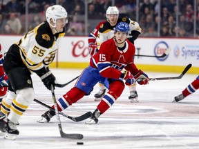 Montreal Canadiens' Jesperi Kotkaniemi keeps his eyes on Boston Bruins' Noel Acciari during first period in Montreal on Dec. 17, 2018.