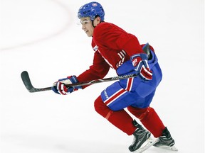 Nick Suzuki skates through a drill at the Bell Sports Complex in Brossard during Canadiens training camp on Sept. 19, 2018.
