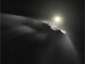 A handout photo released by the European Space Agency on June 27, 2018, shows an artist's impression of the first interstellar object discovered in the Solar System, Oumuamua.