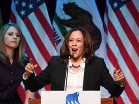 (FILES) In this file photo taken on November 3, 2018 Democratic Party Senator Kamala Harris speaks at a rally for California gubernatorial candidate Gavin Newsom  before the mid-term elections in Santa Clarita, California. - US Senator Kamala Harris announced January 21, 2019 that she is running for president, joining an already-crowded field of Democrats who are making or considering bids to take on Donald Trump. "The future of our country depends on you and millions of others lifting our voices to fight for our American values. That's why I'm running for president of the United States," the senator representing California said in a video posted on Twitter.