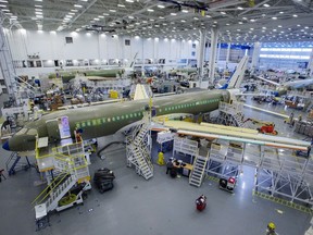 The Airbus A220 assembly line is seen at the company's facility Monday, January 14, 2019 in Mirabel, Quebec.