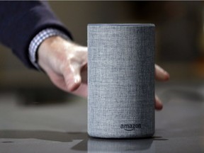 A new Amazon Echo is displayed during a program announcing several new Amazon products by the company, in Seattle in 2017.