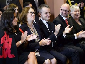 Veterans Affairs Minister Jody Wilson-Raybould (left to right), Treasury Board President Jane Philpott, Indigenous Services Minister Seamus O'Regan, Justic Minister David Lametti and Minister of Rural Economic Development Bernadette Jordan attend a cabinet shuffle at Rideau Hall in Ottawa on Monday, Jan. 14, 2019.