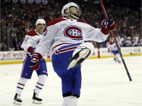 Canadiens' Tomas Tatar, celebrates his goal against the Columbus Blue Jackets in front of teammate forward Artturi Lehkonen in Columbus, Ohio, on Friday, Jan. 18, 2019. The Canadiens won 4-1.