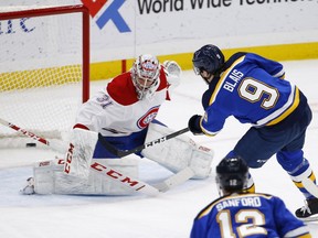 Blues' Sammy Blais beats Canadiens goaltender Carey Price on a breakaway during third period Thursday night in St. Louis.