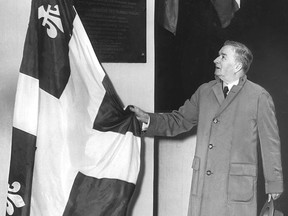 Premier Maurice Duplessis with a Quebec flag at the 1954 dedication of the Monsignor Langlois Bridge in Valleyfield.
