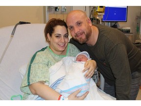 First baby of 2019 born at the MUHC: Parents Olimpia and Martin Lachaine of Montreal donated Mariella's umbilical cord blood to the Public Cord Blood Bank of Héma-Québec.
