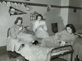 Macdonald College girls, Jan. 31, 1942. Macdonald College School of Household Science. Girls are supposed to keep their dormitory rooms tidy and make their own beds.