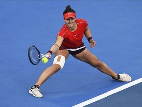 Bianca Andreescu of Canada against Germany's Julia Goerges during the singles final of the ASB Classic tennis tournament in Auckland, New Zealand, Sunday, Jan. 6, 2019.