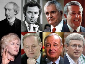 Top row: Sir John A Macdonald, Joe Clark, John Turner, Brian Mulroney. Bottom row: Kim Campbell, Jean Chrétien, Paul Martin and Stephen Harper.