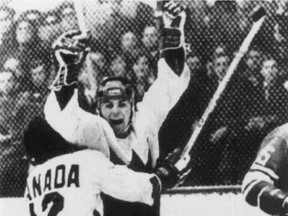 Paul Henderson celebrates with Yvan Cournoyer (No. 12) after scoring the winning goal in the 1972 Summit Series against the Soviet Union.