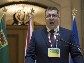 Premier Scott Moe makes an official apology for the Sixties Scoop at a ceremony in the Rotunda at the Legislative Building in Regina on Jan. 7, 2019.