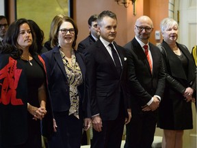 Veterans Affairs Minister Jody Wilson-Raybould (left to right), Treasury Board President Jane Philpott, Indigenous Services Minister Seamus O'Regan, Justice Minister David Lametti and Minister of Rural Economic Development Bernadette Jordan attend a swearing in ceremony at Rideau Hall in Ottawa on Monday, Jan. 14, 2019.