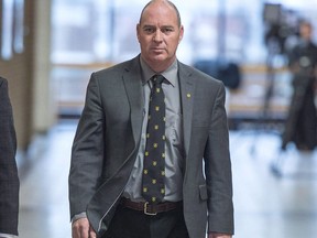 Thomas Harding arrives at the courthouse to hear a question from the jury as they enter their ninth day of deliberations January 19, 2018 in Sherbrooke, Que.