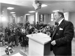 Jacques Parizeau, speaking to PQ supporters on Jan. 17, 1988 in an east end Montreal church basement, announces he will seek the leadership of the Parti Quebecois.