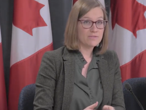 Screen grab from Canadian Press video shows Democratic Institutions Minister Karina Gould talking about new election protocol that deals wth meddling.