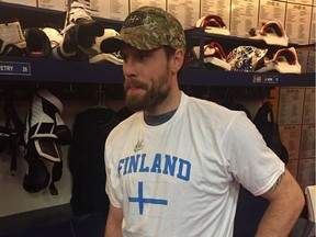 Habs captain Shea Weber sports Finland's colours after losing a bet with teammate Artturi Lehkonen.