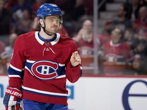 Canadiens' Max Domi gestures to a referee after his goal against Toronto Maple Leafs goaltender Frederik Andersen was called back in Montreal on Feb. 9, 2019.