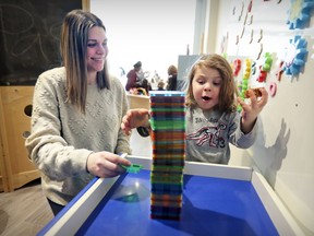 The N.D.G. centre Jabberwocky was designed “to be super open so that children of different ages would be playing in the same space, even if they are not playing together,” says owner Emily Feist, with two-year-old son Ezra Polsky.