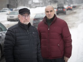 Gaétan L'Heureux, left, and Mohamed Belmamoun live on des Prairies Rd. in Brossard. They say they suffered from increased traffic, noise and pollution on their residential street when the Dix30 mega-mall was built and are spearheading a class action against the city.
