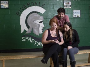 In February, Riverdale graduates Jason Comm (centre), Amanda Lovelace (left) and Kim McQuire launched an online petition to keep the school open for English school students.