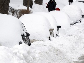 After the snowstorm ended Wednesday, many cars were so completely covered in snow, Josh Freed had to clear off several licence plates just to see which clump was his.