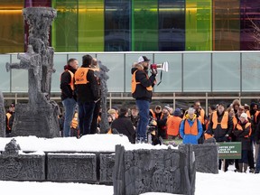 Opponents of Quebec's long-gun registry protest in Place Jean-Paul-Riopelle in Montreal, on Saturday, February 16, 2019.