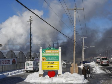 A fire at Centre Jardin et Serres Sylain Cléroux in Laval Feb. 19, 2019, destroyed most of a greenhouse and spread to other buildings.