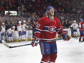 Dale Weise raises his head after being stopped by goalie Ben Scrivens during the Canadiens' annual open practice held at the Bell Centre in Montreal on February 21, 2016.