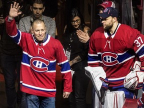 Georges St-Pierre was honoured before the start of the Montreal Canadiens-Philadelphia Flyers NHL game at the Bell Centre in Montreal on Feb. 21, 2019.