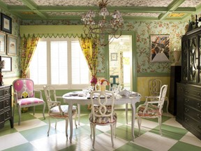 Granny Style meets extreme in this colourful and fun dining room filled with vintage colour and patterns. Feminine florals and palette (Grandma was making all the décor decisions!) are grounded by the striking dark painted Chippendale-style cabinet.