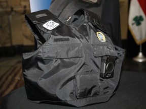 A body camera on a police vest is photographed during the launch of a pilot project on May 18, 2016 at Montreal City Hall.