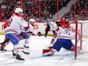 Matt Duchene (95) of the Ottawa Senators scores a power play goal against Carey Price of the Montreal Canadiens as Mike Reilly (28) and Noah Juulsen (58) look on in the second period at Canadian Tire Centre on Oct. 20, 2018, in Ottawa.