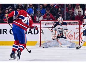Canadiens' Shea Weber  takes a shot on goaltender Mikko Koskinen of the Edmonton Oilers at the Bell Centre on Sunday, Feb. 3, 2019, in Montreal.