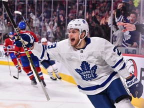 The Toronto Maple Leafs' William Nylandercelebrates after scoring third-period goal against the Canadiens during NHL game at the Bell Centre in Montreal on February 9, 2019.