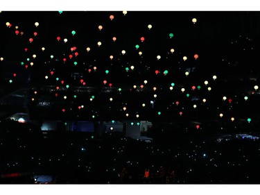 Drones fly as Maroon 5 performs with Big Boi, Travis Scott and Sleepy Brown during the Pepsi Super Bowl LIII Halftime Show at Mercedes-Benz Stadium on Sunday, Feb. 3, 2019, in Atlanta.