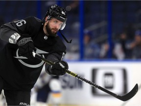 Tampa Bay Lightning forward Nikita Kucherov warms before NHL game against the St. Louis Blues at Amalie Arena in Tampa, Fla., on Feb. 07, 2019.