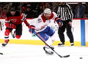 Canadiens' Paul Byron is on his way to scoring on a short-handed goal against the New Jersey Devils at the Prudential Center on Monday, Feb. 25, 2019, in Newark, N.J.