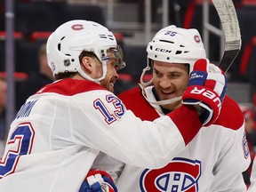 Andrew Shaw, right, and Max Domi led the Canadiens' attack against the Red Wings on Tuesday, notching 8 points, including five goals.