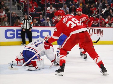 Anthony Mantha #39 of the Detroit Red Wings scores a second period gaol past Carey Price #31 of the Montreal Canadiens at Little Caesars Arena on February 26, 2019 in Detroit, Michigan.