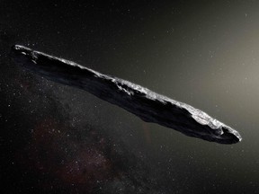 An artist's impression of the first interstellar asteroid: Oumuamua. This unique object was discovered on Oct. 19, 2017 by the Pan-STARRS 1 telescope in Hawaii.