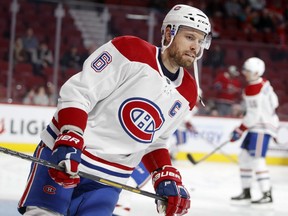 Canadiens captain Shea Weber skates in warmup prior to a game against the Carolina Hurricanes in Montreal on Dec. 13, 2018.