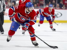 Canadiens forward Kenny Agostino carries the puck past centre ice during the first period of an NHL game against the Boston Bruins at the Bell Centre in Montreal on December 17, 2018.