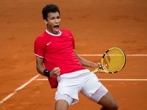 Canada's Felix Auger-Aliassime celebrates his victory against Slovakia's Norbert Gombos during the Davis Cup qualifiers tennis match Slovakia vs Canada in Bratislava on Feb. 2, 2019.