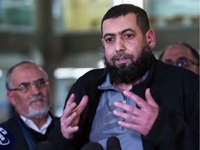 Said El Amari, a victim in the Quebec mosque attack, talks to the press in the Quebec City Courthouse following the sentencing of mosque attack perpetrator Alexandre Bissonnette, on February 8, 2019. Bissonnette, a 29-year-old Canadian who perpetrated the worst attack on Muslims in the West, when he shot dead six worshippers at a mosque in Quebec City in 2017, was sentenced to life in prison.