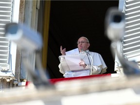 Pope Francis delivers his message from the window of the Apostolic palace as he arrives for the weekly Angelus prayer on February 24, 2019 at the Vatican.