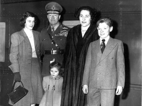 Viscount Alexander and Lady Alexander, their son Brian, 12, at right and daughter Susan, 3, made a brief stop in Montreal on Feb. 16, 1952 on their way from Ottawa to Halifax by train, and then home to Britain by ship. At left is their daughter Rose, 19, a student at McGill, who came to Central Station to see them when their train from Ottawa made a brief stop. The Montreal Gazette on Feb. 18, 1952 carried copious coverage of the departure of the popular outgoing governor general, the last not born in Canada.