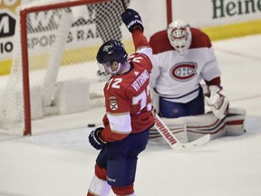 Florida Panthers' Frank Vatrano celebrates after scoring against Montreal Canadiens' Antti Niemi during the first period on Feb. 17, 2019, in Sunrise, Fla.