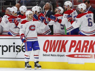 Montreal Canadiens' Andrew Shaw (65) celebrates his goal against the Detroit Red Wings in the second period of an NHL hockey game, Tuesday, Feb. 26, 2019, in Detroit.